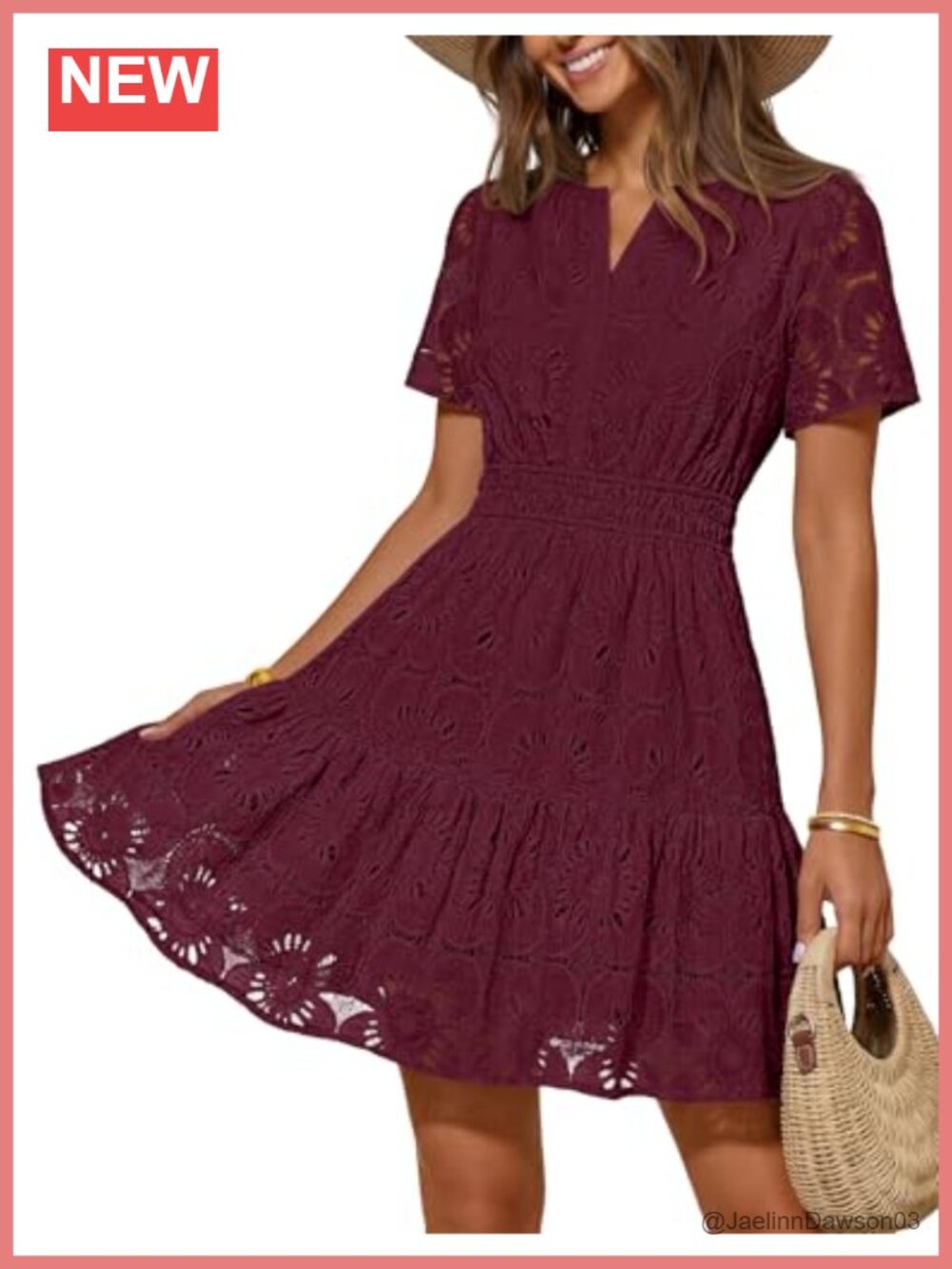 Women's Eyelet Lace Floral Boho Mini Dress V Neck Puff Sleeve Vacation
